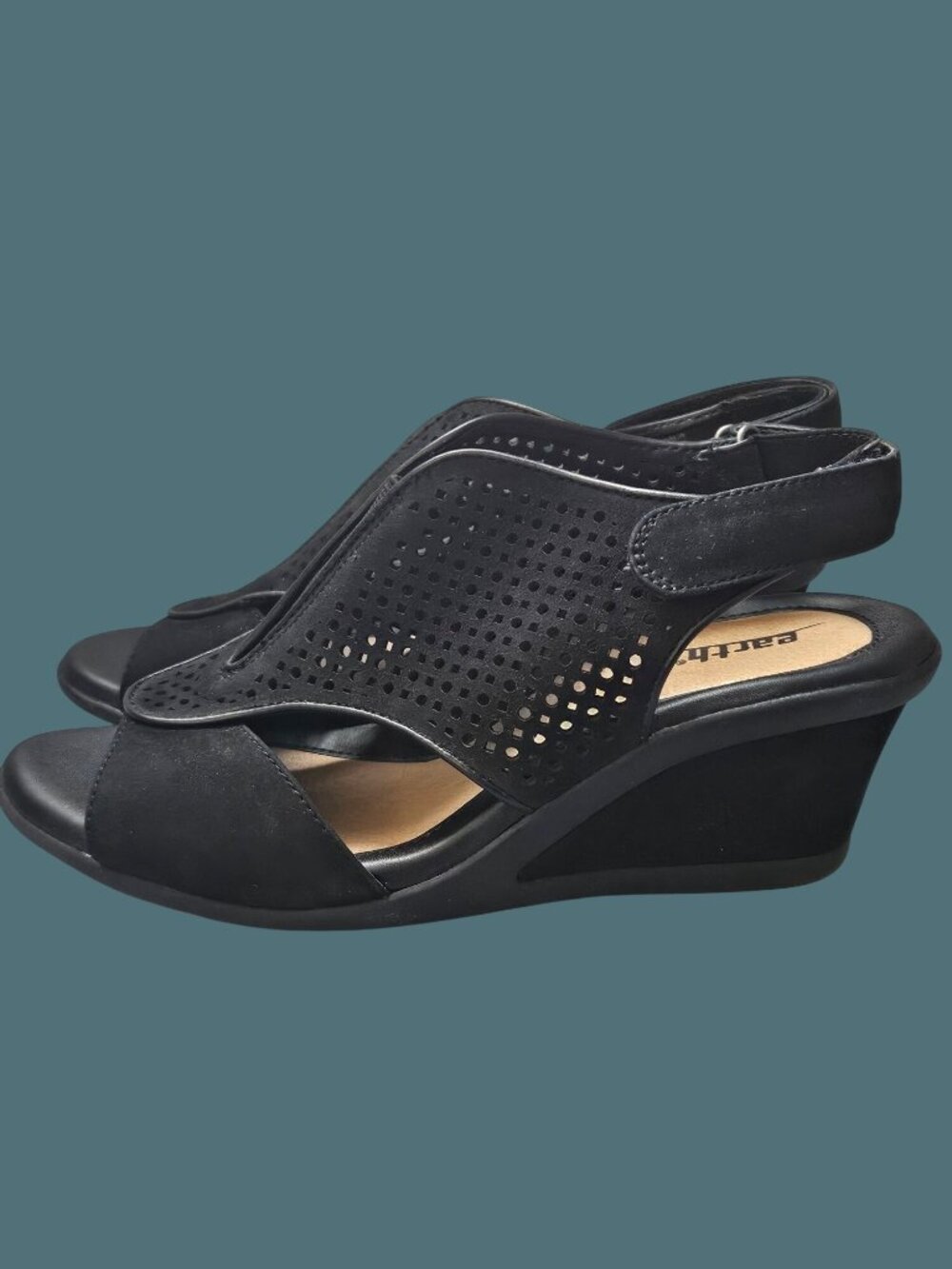Earth Dalia Black Nubuck Peep Toe Wedge Heel Slingback Comfy Sandals Women 8B - Picture 10 of 13
